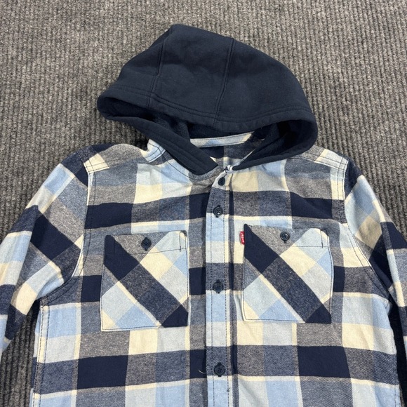 Levi's Other - Levi's Hooded Flannel Shirt Kids Size L 10/12 Blue Plaid Long Sleeve Button Up